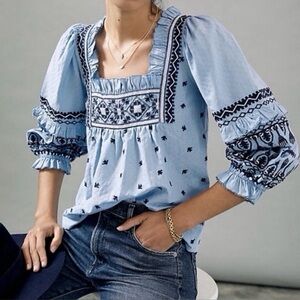 ANTHROPOLOGIE SEEN WORN‎ KEPT blue embroidered mary boho blouse top 6 S M